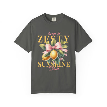 T-shirt with Keep It Zesty Sunshine Club text featuring watercolor lemons with pink bow and green leaves