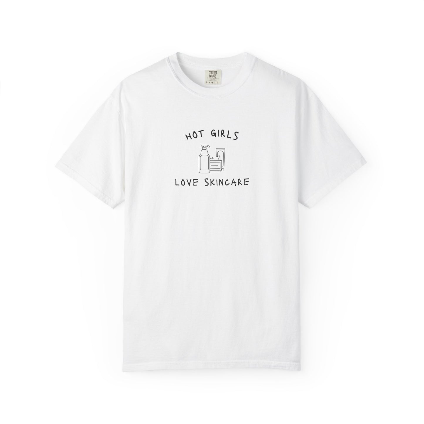 T-shirt with 'Hot Girls Love Skincare' text and minimalist line drawings of skincare products