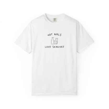 T-shirt with 'Hot Girls Love Skincare' text and minimalist line drawings of skincare products