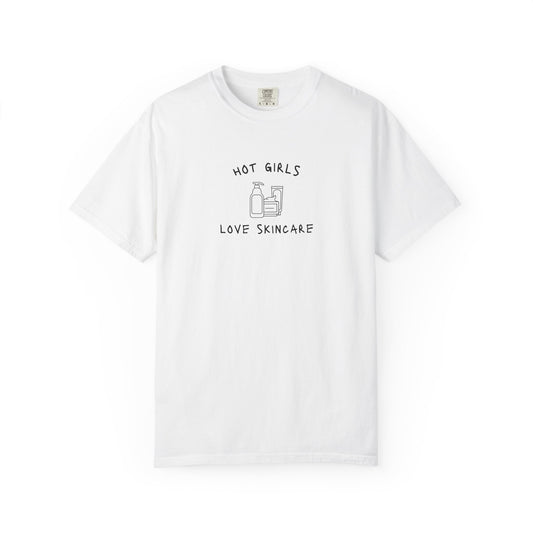 T-shirt with 'Hot Girls Love Skincare' text and minimalist line drawings of skincare products