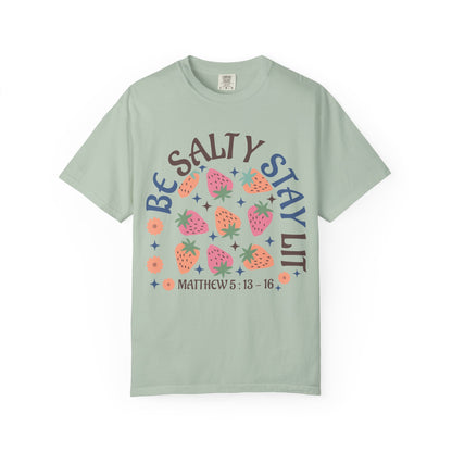 Be Salty t-shirt design with pink and orange strawberries, flowers, and Matthew 5:13-16 scripture