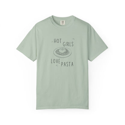 T-shirt design with 'Hot Girls Love Pasta' text and hand-drawn pasta plate illustration with stars