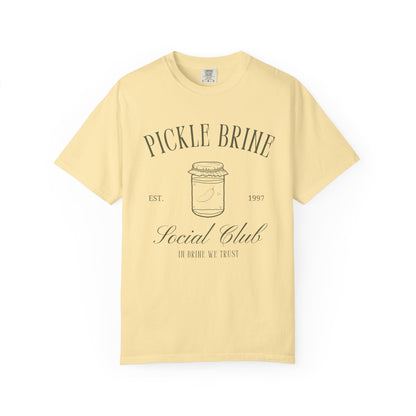T-shirt with vintage pickle brine social club design featuring mason jar with pickle illustration