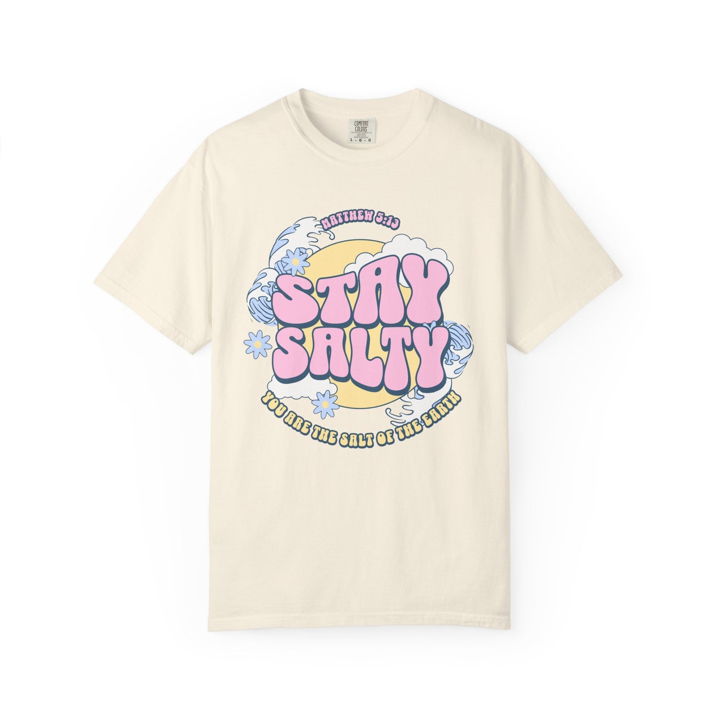 Christian t-shirt with pink 'Stay Salty' text, Matthew 5:13 verse, ocean waves and daisy flowers