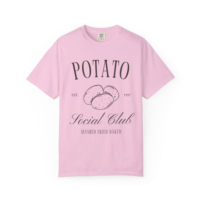 T-shirt with vintage Potato Social Club design featuring hand-drawn potatoes and brown text