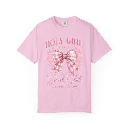 Tshirt with Holy Girl Social Club design featuring pink gingham bow and floral elements