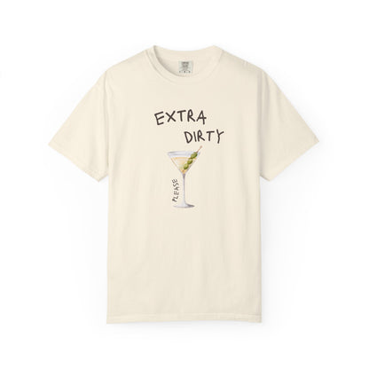 T-shirt design with martini glass filled with clear liquid and three green olives on a pick