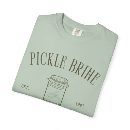 T-shirt with vintage pickle brine social club design featuring mason jar with pickle illustration