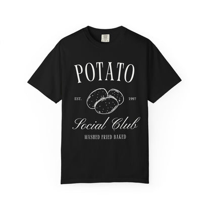 T-shirt with vintage Potato Social Club design featuring hand-drawn potatoes and brown text