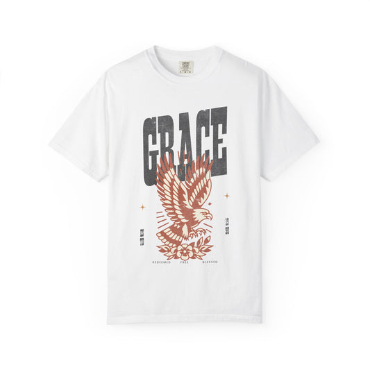 Christian t-shirt with vintage eagle design in orange and cream colors featuring Grace text and decorative elements
