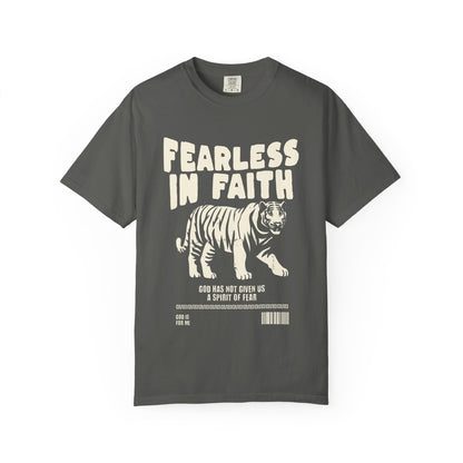 A t-shirt featuring 'Fearless In Faith' text design in elegant cream colored typography