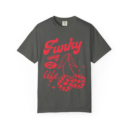 T-shirt with red retro cherry design featuring checkered disco ball cherries and funky typography