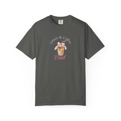T-shirt with watercolor coffee cup design featuring pink bow and Grace & Coffee Club text