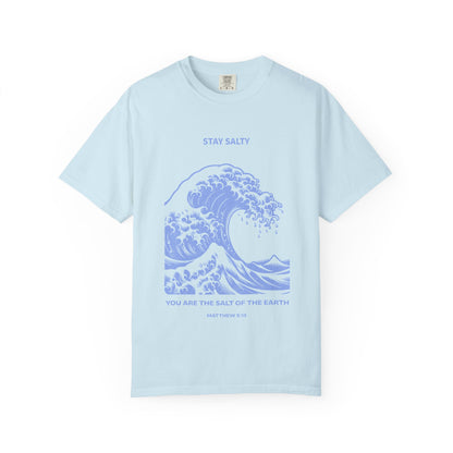 T-shirt with ocean wave design featuring Stay Salty text and Matthew 5:13 Bible verse