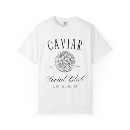 T-shirt with vintage caviar social club logo featuring caviar tin graphic and elegant typography