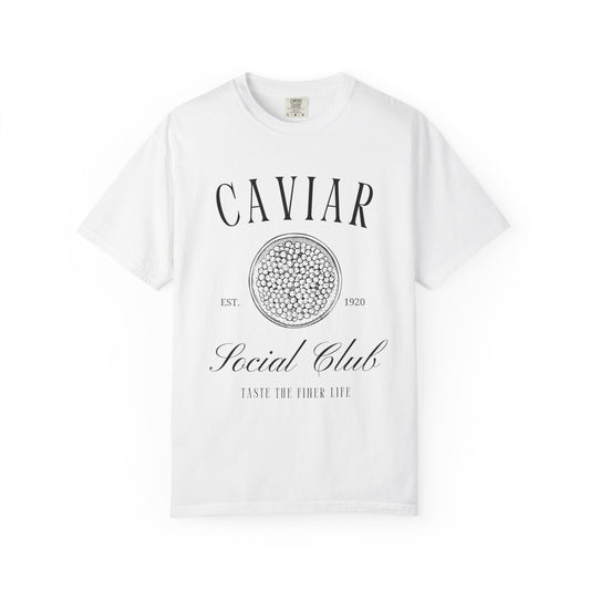 T-shirt with vintage caviar social club logo featuring caviar tin graphic and elegant typography