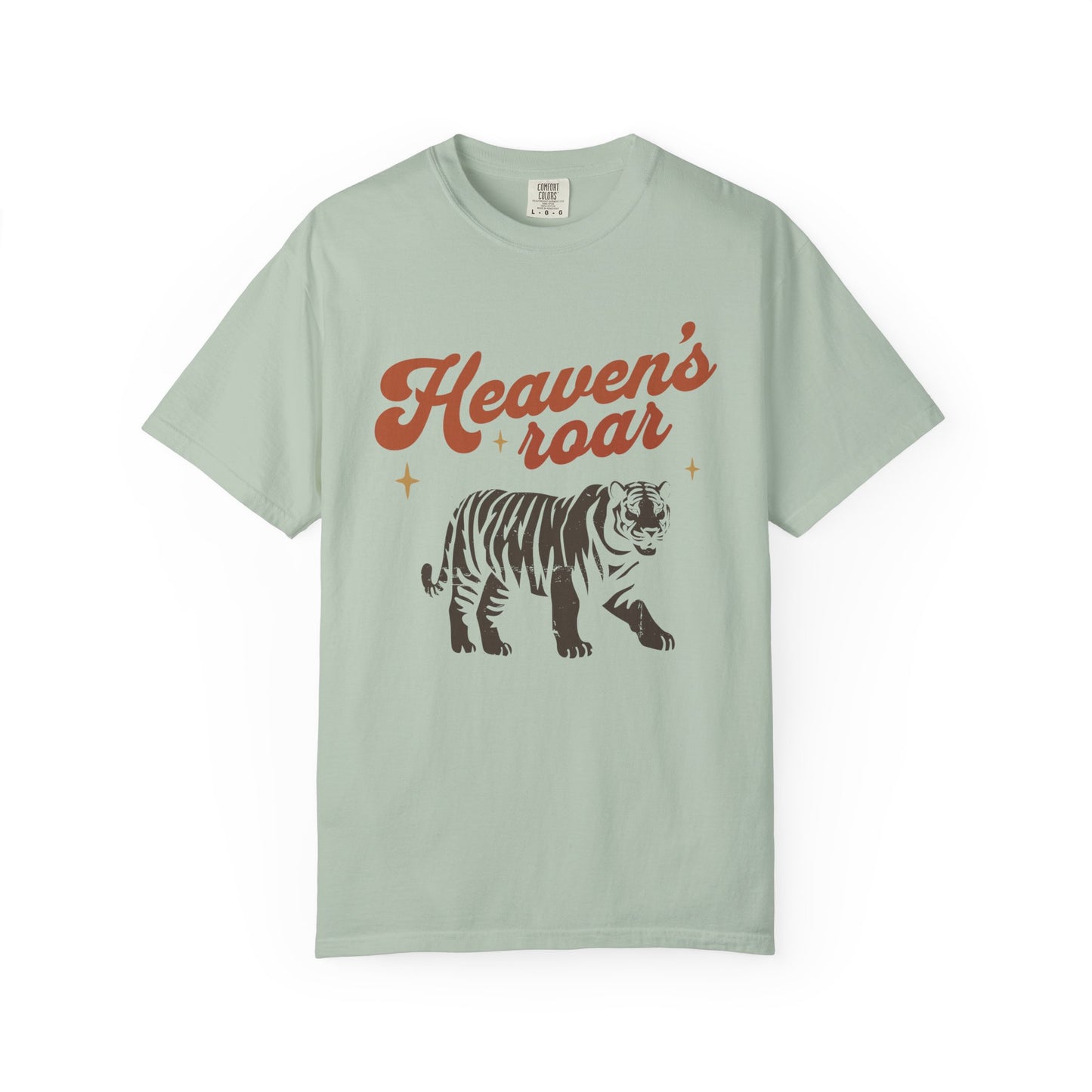 Christian t-shirt with Heaven's roar text in orange retro font and tiger graphic with stars