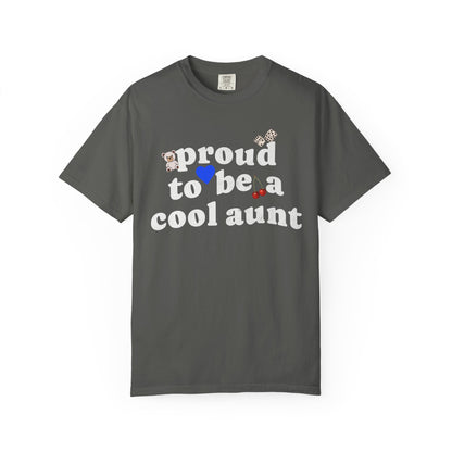 T-shirt with retro distressed text 'proud to be a cool aunt' decorated with teddy bear, blue heart, dice, and cherries