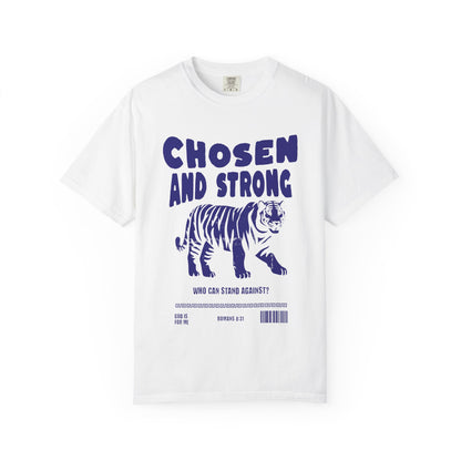 Christian t-shirt with tiger graphic and 'Chosen and Strong' text featuring Romans 8:31 verse