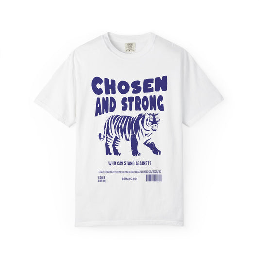Christian t-shirt with tiger graphic and 'Chosen and Strong' text featuring Romans 8:31 verse