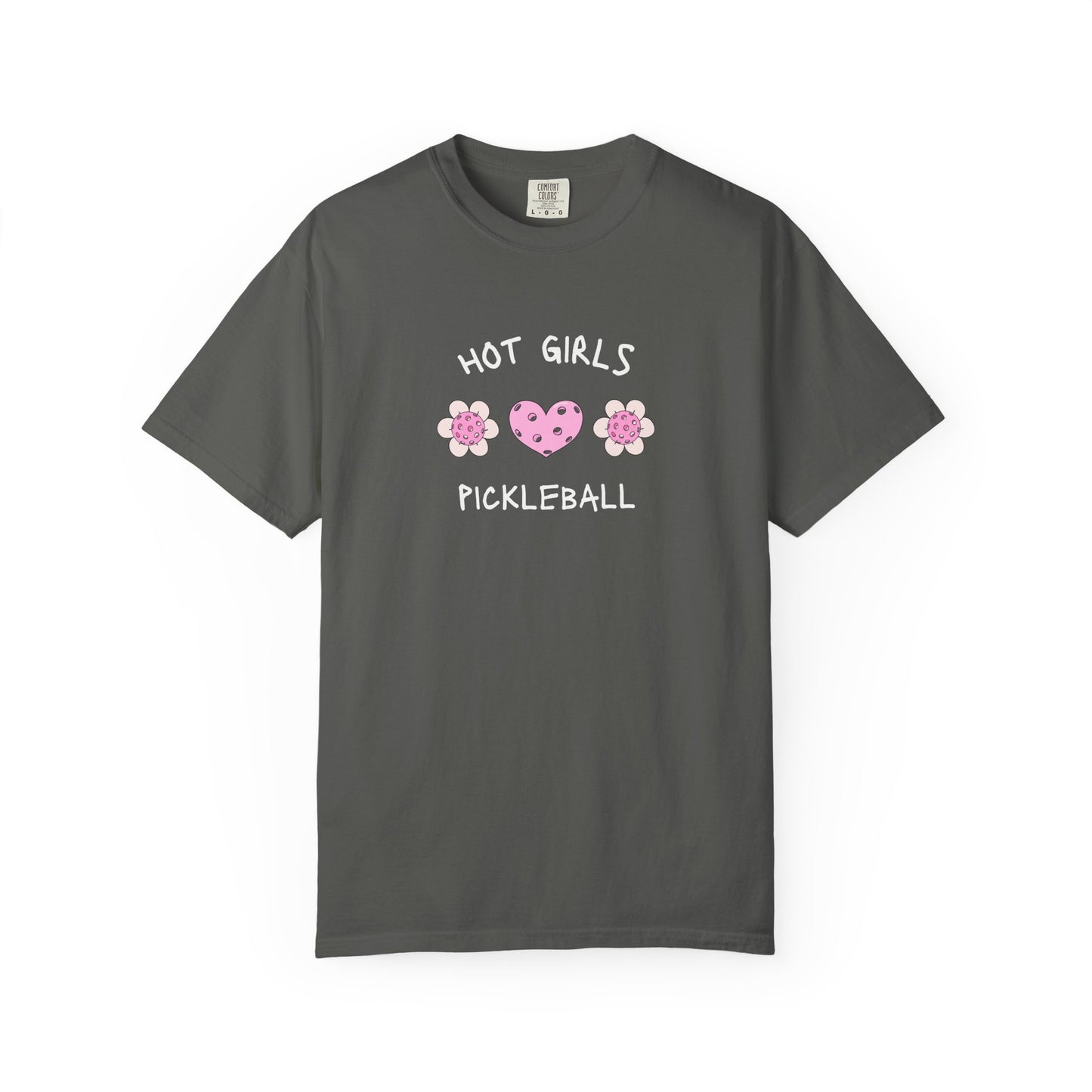 T-shirt with 'Hot Girls Pickleball' text and pink pickleballs designed as flowers and heart