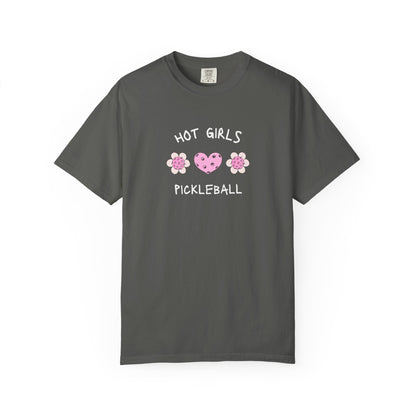 T-shirt with 'Hot Girls Pickleball' text and pink pickleballs designed as flowers and heart