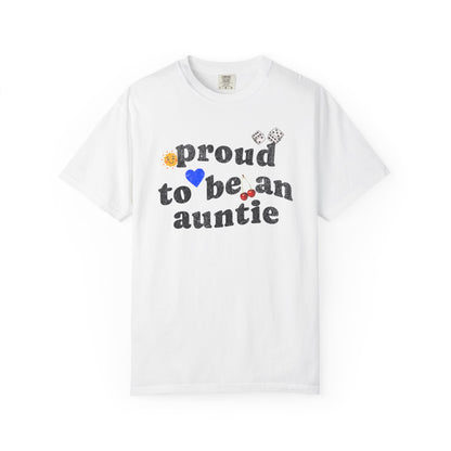 T-shirt with distressed text 'proud to be an auntie' featuring sun, heart, dice and cherries