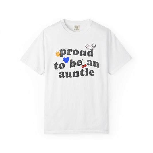 T-shirt with distressed text 'proud to be an auntie' featuring sun, heart, dice and cherries